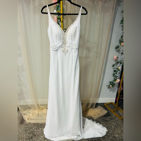 Pallas Athena Elegant White Wedding Dress with pearl and rhinestone Accents